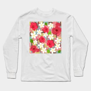Tropical Flowers (small flowers, warm background) Long Sleeve T-Shirt